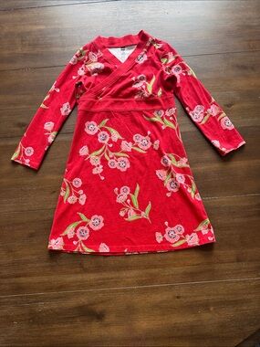 Size 10 Tea Collection cotton red floral long-sleeve faux wrap kimono dress